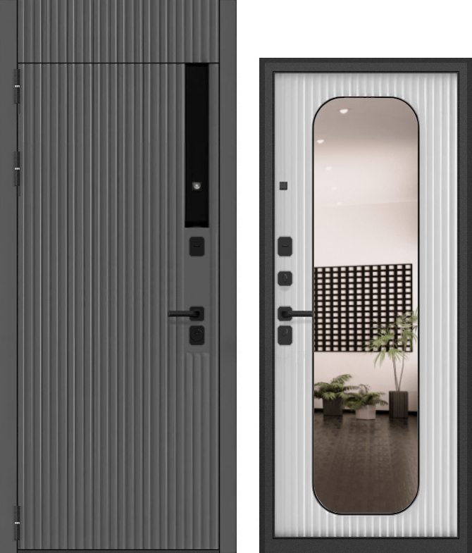 Дверь металл ГТ-58 ( МДФ веллюто кофе / МДФ веллюто бьянко + зерк.вставка ) (2050*960, левая, черный муар, черн.фурн)