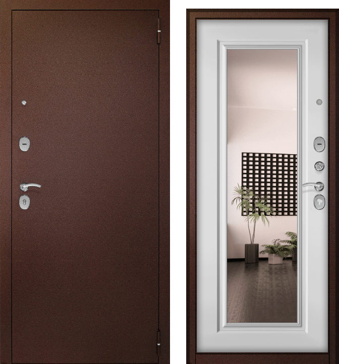 Дверь мет. Беркана (медный антик/МДФ белый матовый, зерк.вставка) (2050*860, правая)