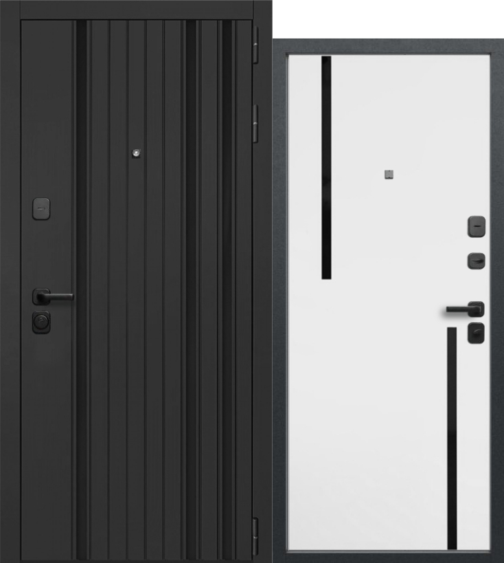 Дверь металл ГТ-42 ( МДФ черная шагрень / МДФ белый матовый ) (2050*860, правая, черный муар, черн.фурн, Т- обр. 6)