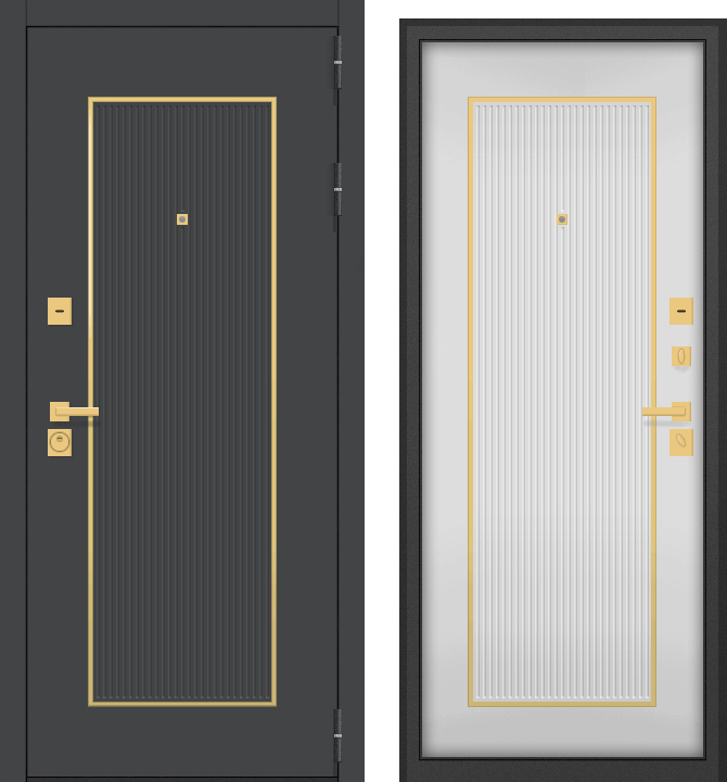 Дверь металл GT-59 (МДФ графит/МДФ белый матовый + молдинг мат.золото) (2050*860, правая, черный муар, фурн. золото матовый)