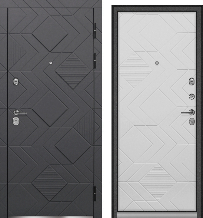 Дверь мет. ФАБИО мдф Силк титан, мдф Силк сноу, хром. (2050*860, R, правая, нержавеющий порог, глазок по центру, Муар звездное небо)