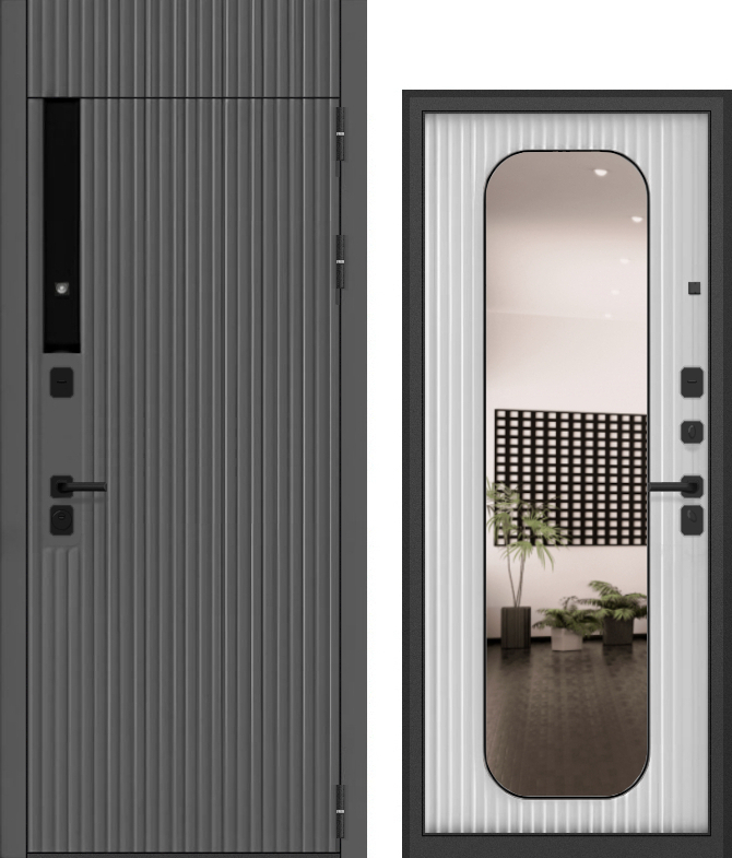 Дверь металл ГТ-58 ( МДФ веллюто кофе / МДФ веллюто бьянко + зерк.вставка ) (2050*960, правая, черный муар, черн.фурн)