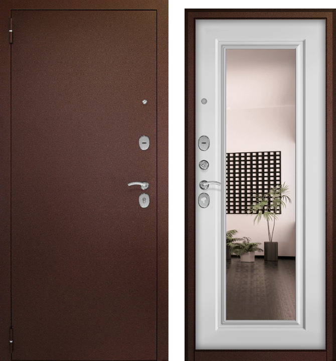 Дверь мет. Беркана (медный антик/МДФ белый матовый, зерк.вставка) (2050*860, левая)