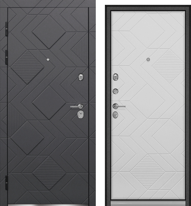 Дверь мет. ФАБИО мдф Силк титан, мдф Силк сноу, хром. (2050*960, L, левая, нержавеющий порог, глазок по центру, Муар звездное небо)