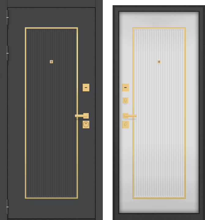 Дверь металл GT-59 (МДФ графит/МДФ белый матовый + молдинг мат.золото) (2050*960, левая, черный муар, фурн. золото матовый)