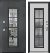 Дверь мет ТИЧИНО, серый муар/МДФ белый, ковка, стеклопакет (2050*860, правая)