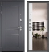 Дверь металл Челси (МДФ силк титан/МДФ белый матовый + зерк.вставка) (2050*960, левая, серый муар, хром матовый)