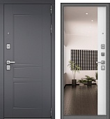 Дверь металл Челси (МДФ силк титан/МДФ белый матовый + зерк.вставка) (2050*860, правая, серый муар, хром матовый)