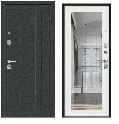 Тульские двери  Аляска, букле графит, тиснение, МДФ22мм царга  с Зеркалом, пвх Аляска, хром